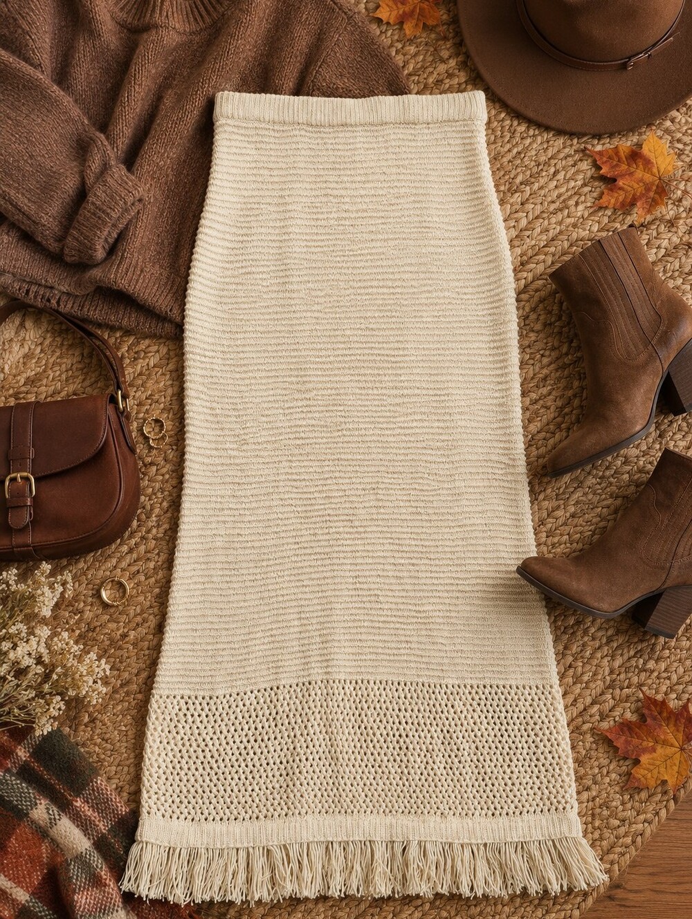 Joe Fresh Cream Crochet Knit Maxi Skirt Fringe Boho Fall Cottagecore